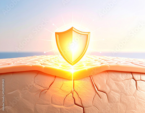 Golden shield protects cracked skin surface, glowing sunlit, healthy skin regeneration.