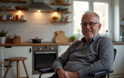 Middle aged man with disability sitting by electric oven in large comfortable kitchen in home environment. High quality