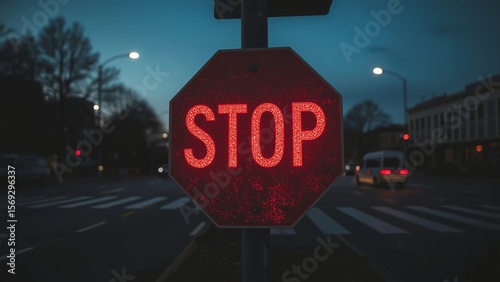 A glowing stop sign stands tall against a twilight backdrop, signaling motorists to halt in a dimly lit urban setting.