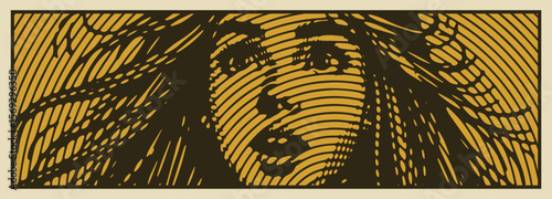Heavy lined effect digital hand draw banner design portrait of long hair excited young girl looking with fascination vector illustration detailed artistic expressive female youth enthusiasm