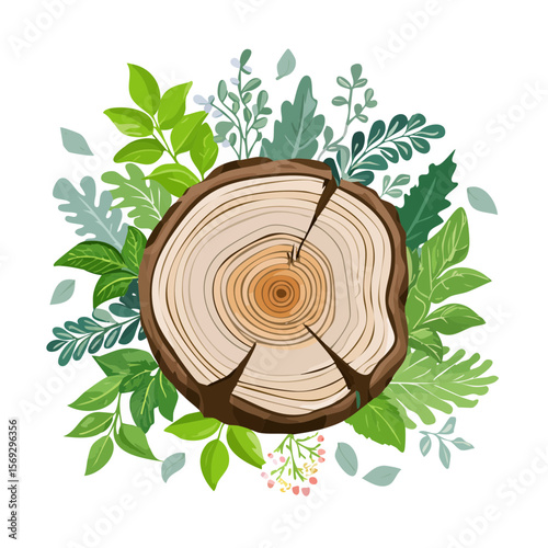 Tree stump illustration with greenery for a natural or rustic design.