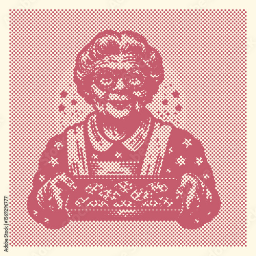 Red color Grandma with glasses holding tray of cookies vector illustration, halftone effect postal stamp design, vintage style grandmother baking sweet treats, cheerful elderly woman art