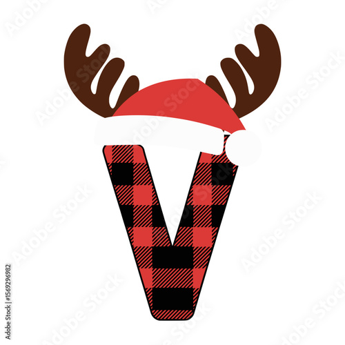 Plaid Christmas letter V with Santa hat and antlers, Festive uppercase letter V in red buffalo plaid, decorated with reindeer antlers and a Santa Claus hat for holiday designs.

