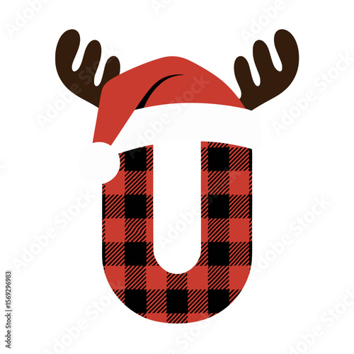 Plaid Christmas letter U with antlers and Santa hat, Holiday themed uppercase letter U in red plaid, decorated with reindeer antlers and a Santa Claus hat, perfect for festive projects.

