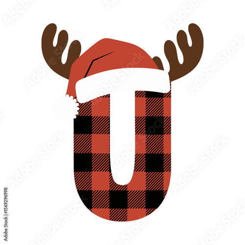Plaid Christmas letter U with antlers and Santa hat, Holiday themed uppercase letter U in red plaid, decorated with reindeer antlers and a Santa Claus hat, perfect for festive projects.

