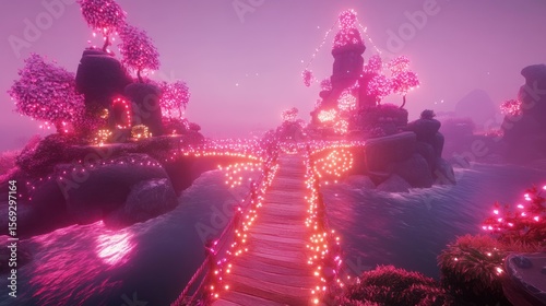 Pink, mystical island landscape with glowing trees and bridge