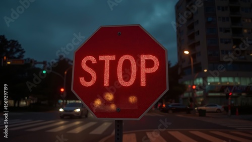 A bright red stop sign illuminated at twilight, signaling vehicles to halt. The urban setting features cloudy skies and traffic lights.