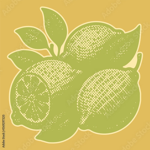 Green Three Lemon with Leaf Stamp Vector Illustration in Halftone Style – Fresh Citrus Fruit Art with Vintage Postal Design – Bold Graphic Fruit Print for Summer or Kitchen Decor