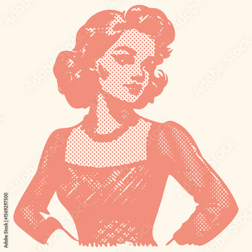Pink Halftone Retro Girl with Vintage Dress Vector Illustration in Postal Stamp Style – Classic Fashion Portrait with Grain Texture for Pop Art, Poster, Print, and Collectible Design