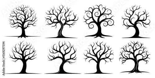 Bare Tree Silhouettes With Twisted Branches And No Leaves Collection, Flat Black Vector Set Featuring Natural Winter Trees And Seasonal Forest Elements On Clean White Background