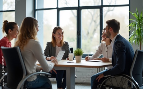 Businesswoman in wheelchair having business meeting with team at modern office. A group of young freelancers agree on new online business projects. High quality