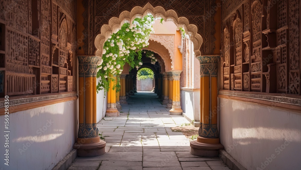 Fototapeta premium Intricate arched architecture with lush greenery visible in a serene passageway during daylight