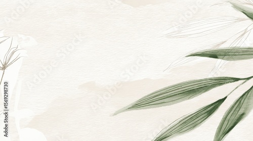 Serene botanical illustration featuring delicate leaves and subtle floral accents on textured background