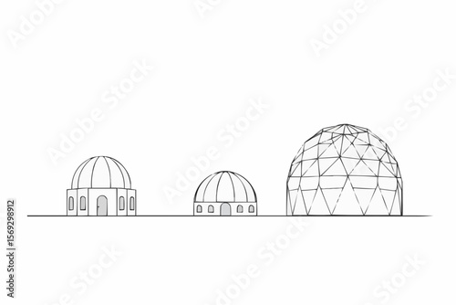 Architectural domes: Three structures in varying design, from traditional domes to modern geodesic designs.