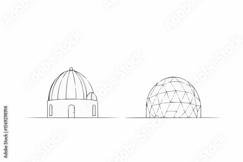 Two dome structures with distinct architectural styles a  in a line drawing style.