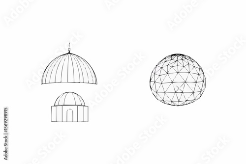 Architectural line drawing of a dome and a geodesic sphere, minimal illustration.