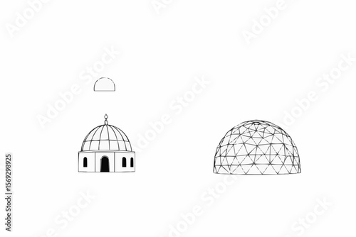 Illustrations showcase dome structures, offering architectural and geometric insights with a clean, minimalist aesthetic.