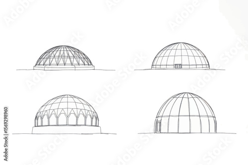 Four dome structures display different design styles, offering a comparative study in architectural forms.