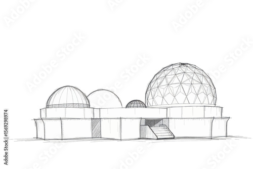 Architectural sketch of a building with geometric domes, evoking modernity and innovative design.