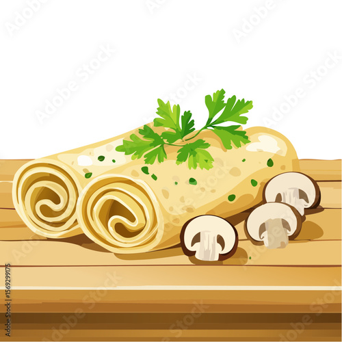 Savory Crepes with Mushrooms and Herbs on a Wooden Surface