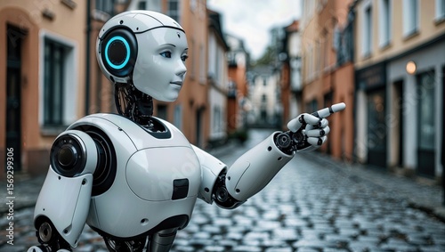A humanoid robot with a smooth design pointing on a cobblestone street in a quaint urban setting