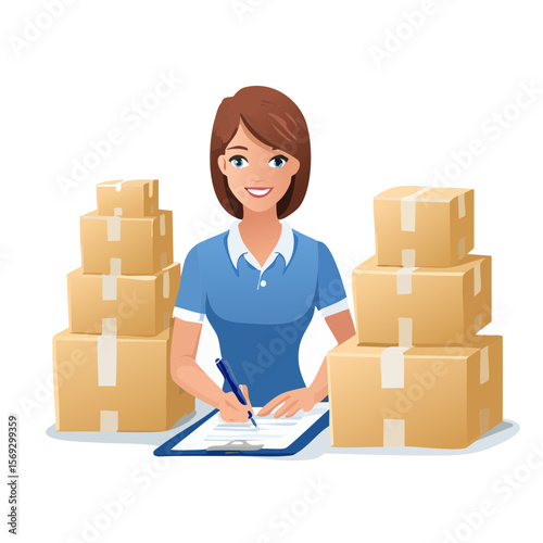 Illustration of a woman taking inventory surrounded by boxes.
