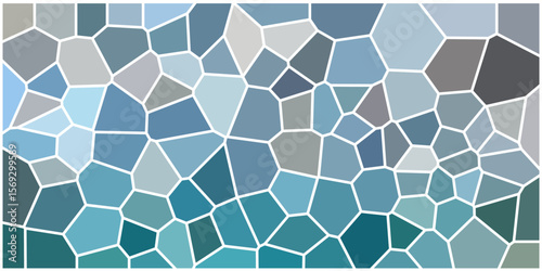 Blue-toned mosaic pattern with irregular geometric shapes, resembling stained glass with white borders and a cool, calming color palette.


