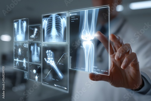 Futuristic doctor holding digital X-ray scans in a virtual interface