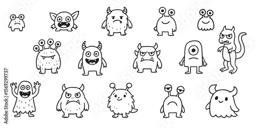 Big Set of isolated funny monsters with different emotions. Black and white illustration in doodle style. Hand drawn vector illustration