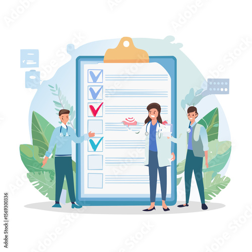 Medical Team Discussing Patient Checklist and Treatment Options Illustration