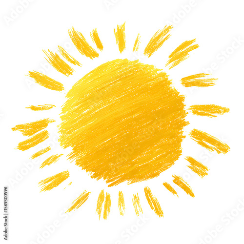Yellow hand drawn sun illustration on white background depicting sunshine and happiness