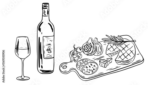 Hand drawn charcuterie and wine. Antipasto appetizer menu, charcuterie, cheese plate, wine. Chalk charcoal style drawing for poster, placard, print. La Dolce vita lifestyle Vector illustrations.