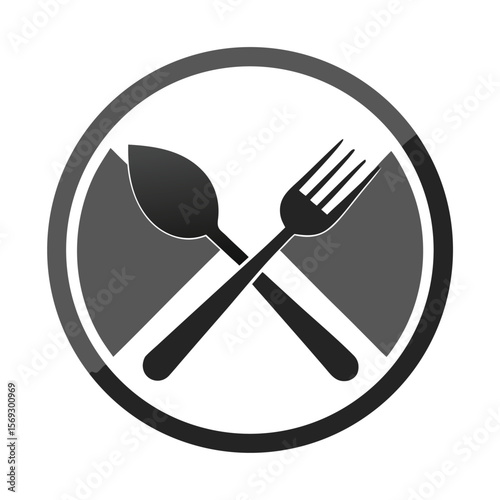 Stylized black silhouette of crossed fork and spoon within a circular border representing a restaurant or dining icon isolated on transparent background silhouette
