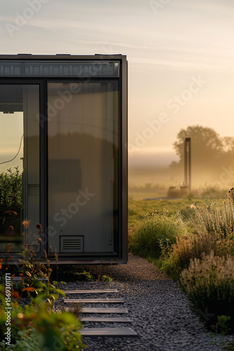 Off-Grid Wooden Tiny House with Solar Panels in a Lush Garden at Sunrise