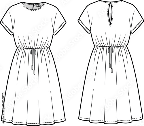 : Women's Fashion Flat Sketch: Casual Summer Dress Design, Feminine Short Sleeve Flowy Silhouette with Drawstring Waist, Front and Back View, Must-Have Apparel Vecto