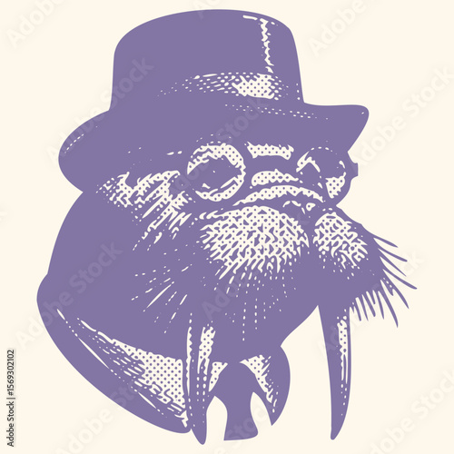 Purple Walrus Head with Hat Stamp Vector Illustration in Halftone Style – Vintage Animal Portrait with Retro Texture and Unique Graphic Design for Print, Poster, and Collectible Projects