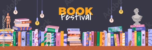 Book festival or fair horizontal banner for advertising and promotion. Piles and stacks of various books, hanging lights. Vector template for web design, World Book Day or Back to School concepts.
