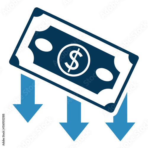 Dollar bill with downward arrows indicating financial loss isolated on white background