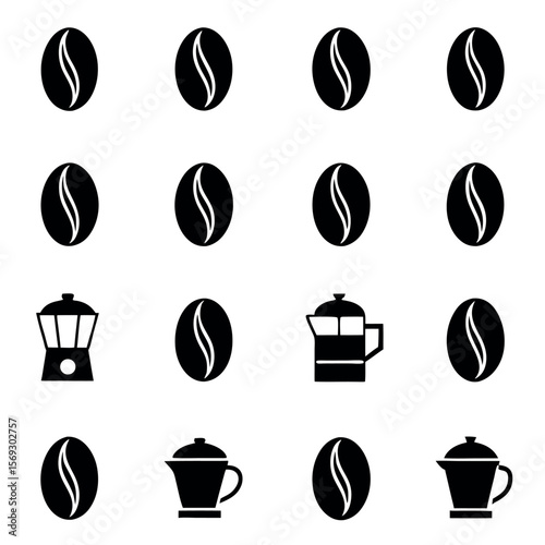 Collection of black coffee bean and coffee maker icons isolated on white background