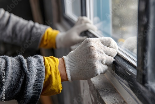 Worker installing or repairing window frame with gloves during construction or renovation
