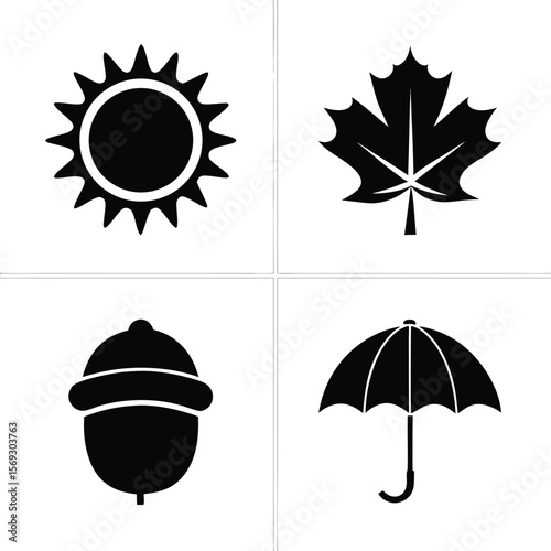 Collection of autumn and weather icons including sun leaf acorn and umbrella isolated on white background