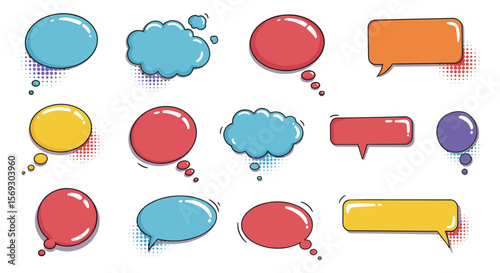 A diverse assortment of colorful pop art speech and thought bubbles, featuring comic style halftone patterns on a white background.
