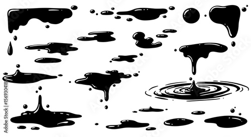 Collection of vector illustrations showing various shapes and forms of black liquid spills, drips, and puddles isolated on a clean white background for design elements.