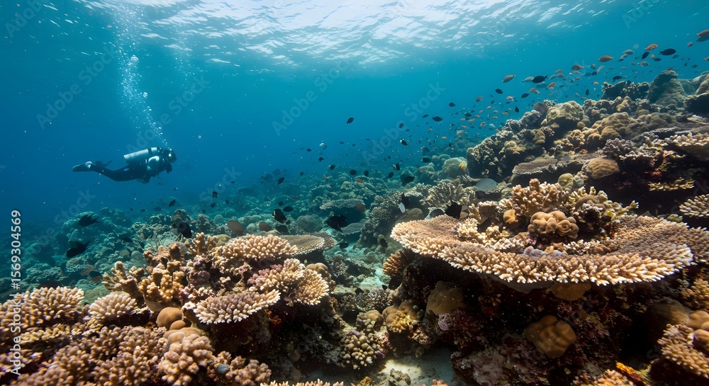 Fototapeta premium Diver Exploring Coral Reef Underwater Scene