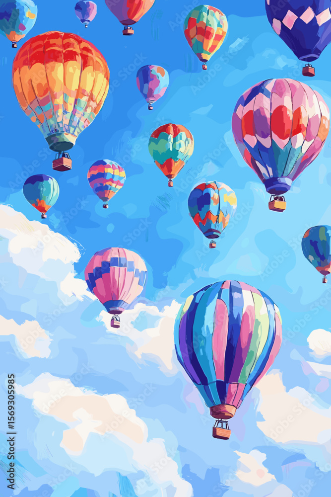 Naklejka premium Colorful Hot Air Balloons Soaring in a Clear Blue Sky with Fluffy Clouds on a Sunny Day