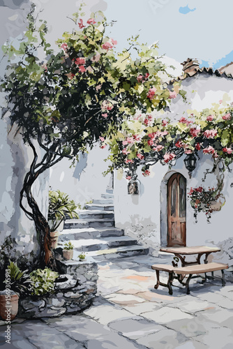 Charming Mediterranean Courtyard with Blooming Bougainvillea and Rustic Stone Pathway