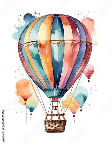 Vibrant Watercolor Hot Air Balloons Floating in a Colorful Sky with Abstract Background