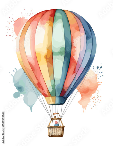 Vibrant Watercolor Hot Air Balloon with Colorful Stripes and Artistic Paint Splashes on White Background