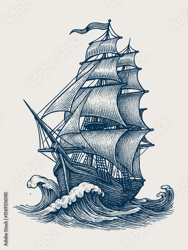 Sailing ship on waves vintage engraving style vector illustration