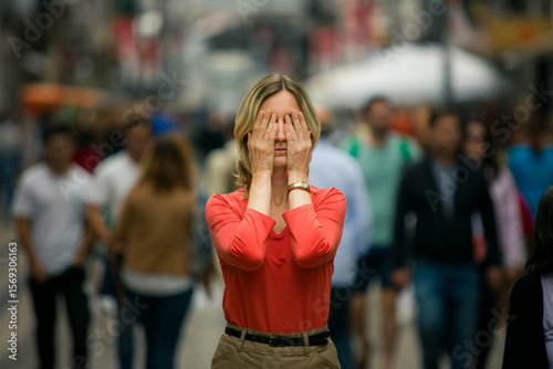 A woman stands in the middle of a crowded street, covering her eyes with her palms. The world moves around her, but she remains still, caught in a personal, private moment among the flow of strangers.